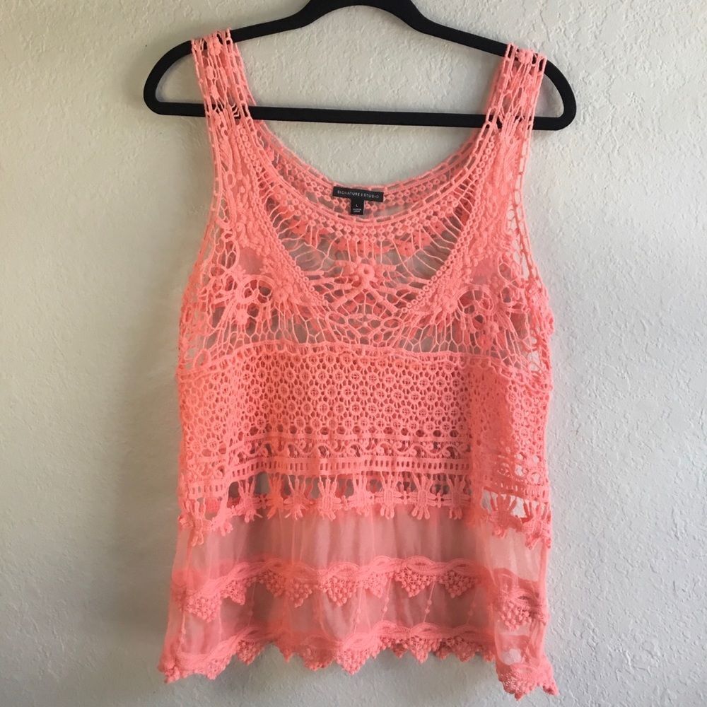 Coral embroidery tank top with mesh size large beach hippie boho feminine summer